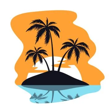 BEACH THEME. vector illustration of the wave, tropical island palm trees and the Stock Illustration