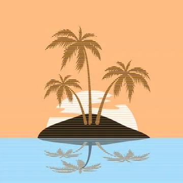 BEACH THEME. vector striped illustration of the wave, tropical island palm trees Stock Illustration