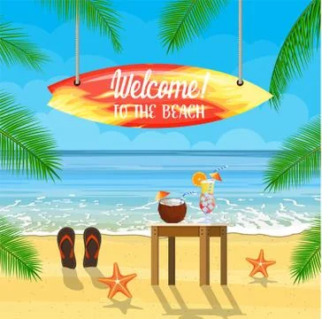 Beach things and surfboard summer holidays Ilustração Stock
