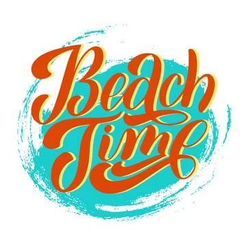 Beach time calligraphy, hand drawn orange lettering on blue spot for summer p Illustrazione stock