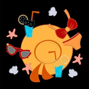 Beach time composition. Cartoon flat style illustrations. Stock Illustration