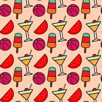Beach time doodle seamless vector pattern - Print fabric Stock Illustration