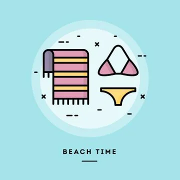 Beach time, flat design thin line banner Stock Illustration
