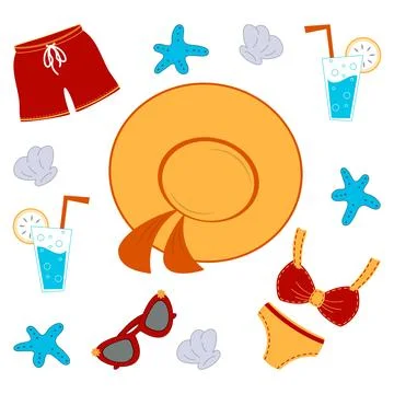 Beach time set. Cartoon flat style illustrations. Stock Illustration