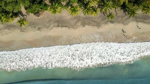 Beach top view with blue ocean waves breaking on sandy shore Stock Footage 147320402