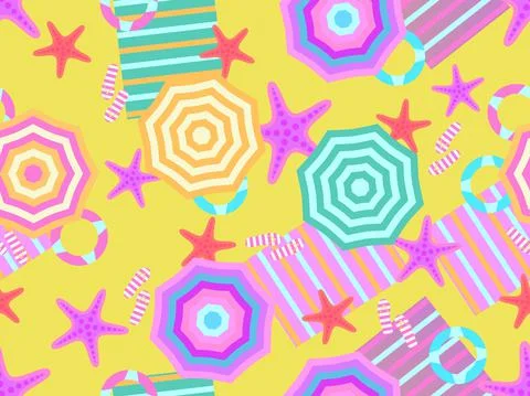 Beach top view seamless pattern. Beach umbrellas and towel, flip flops with s Stock Illustration