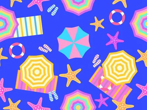 Beach top view seamless pattern. Beach umbrellas and towel, flip flops with s Stock Illustration