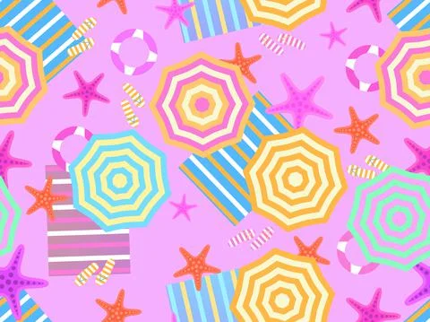 Beach top view seamless pattern. Beach umbrellas and towel, flip flops with s Stock Illustration