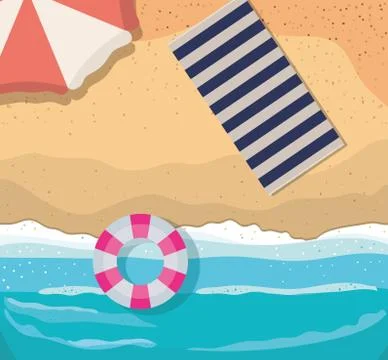 Beach with towel umbrella and float top view vector design Stock Illustration
