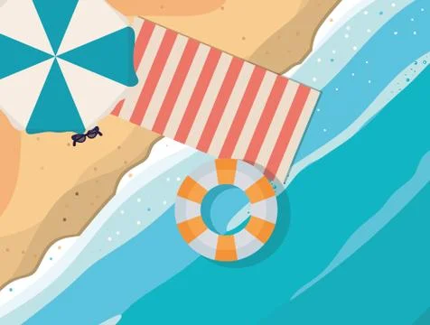Beach with towel umbrella and float top view vector design Illustrazione stock