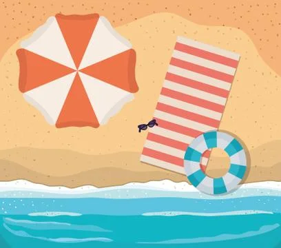Beach with towel umbrella and float top view vector design Stock Illustration