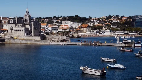 Beach, town and dock of Cascais at summer, Portugal Stock Footage 114983527