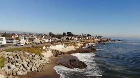 Beach Town with Ocean Waves, California, Aerial Parallax View Stock Footage 145447802