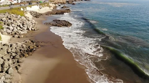 Beach Town with Ocean Waves, California, Aerial Tilt Up View Stock Footage 145448185