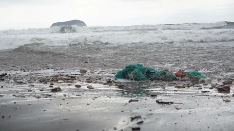 Beach Trash Fish Net In Waves Stock Footage 90459744