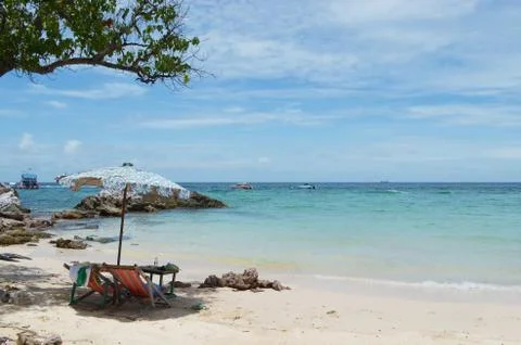 Beach with two camp bed in koh larn island / thailand Stock Photos