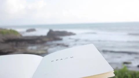 Beach typed in diary against beautiful rocky beach Stock Footage