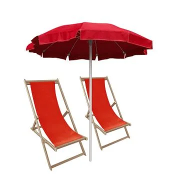 Beach umbrella and deckchairs Stock Photos