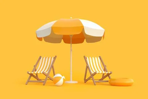 Beach umbrella with chairs and beach accessories on the bright orange background 스톡 일러스트