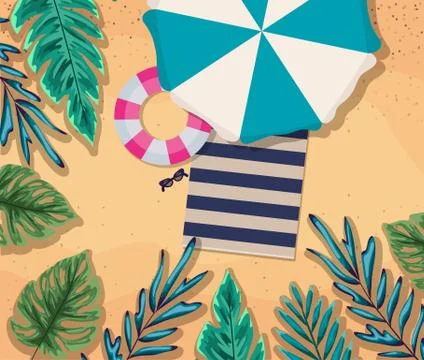 Beach with umbrella float and towel top view vector design Stock Illustration