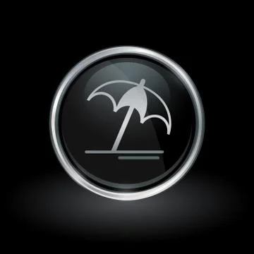 Beach umbrella icon inside round silver and black emblem Stock Illustration