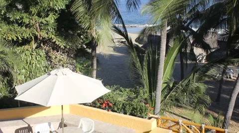 Beach umbrella swaying palms Stock Footage 1067009
