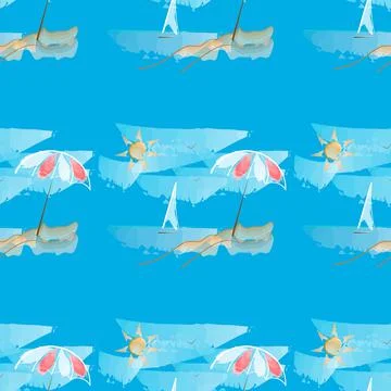 Beach umbrella. Vector seamless pattern on a blue background. Stock Illustration