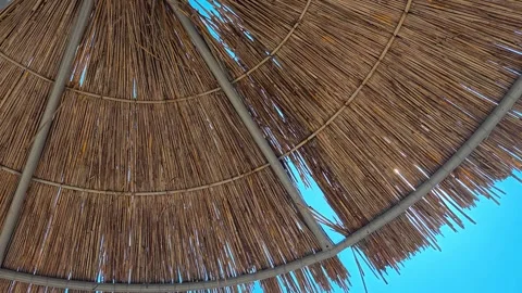 Beach umbrellas on a background of blue sky.  Travel and tourism concept. Stock Footage 320550955