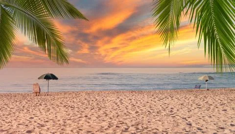 Beach umbrellas at dramatic sunset with palm leaves Stock Photos