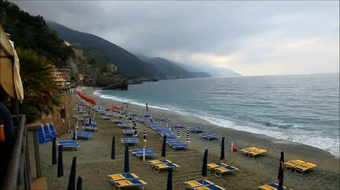 Beach umbrellas Monterosso al Mare, Liguria, Italy Stock-Footage 44187935