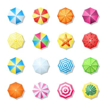 Beach umbrellas multicolored top view set. Leisure tropical protected on yellow Stock Illustration