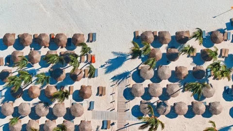 Beach umbrellas stand in several rows on a sandy beach, drone view. Hotel beach. Stock Footage 308624209