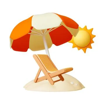 Beach vacation 3d render concept. Sun protect umbrella on sand, deck chair Stock Illustration