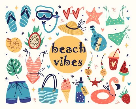 Beach vacation accessories vector icons set. Flat cartoon sea holiday element Stock Illustration
