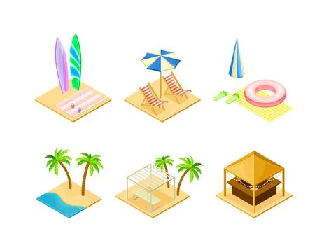 Beach Vacation and Resort Elements with Deckchair, Palm Tree, Surfboard and Bar Stock Illustration