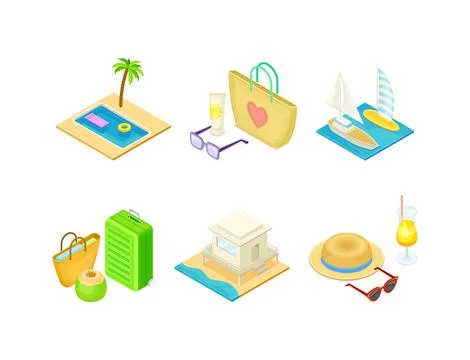 Beach Vacation and Resort Elements with Water Pool, Bag, Sunglasses, Yacht and 스톡 일러스트