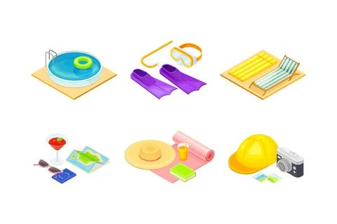 Beach Vacation and Resort Elements with Deckchair, Pool, Snorkeling Equipment Illustrazione stock