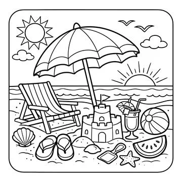Beach Vacation Coloring Page with Summer Seaside Scene Stock Illustration