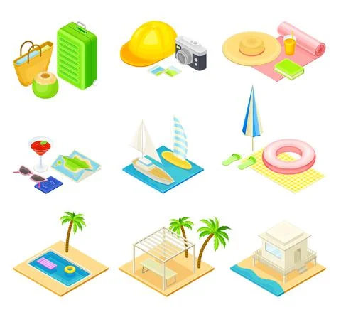 Beach Vacation Elements with Sand, Water and Sun Umbrella Isometric Vector Set 스톡 일러스트