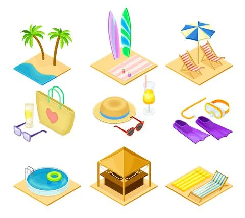 Beach Vacation Elements with Sand, Water and Sun Umbrella Isometric Vector Set Stock Illustration