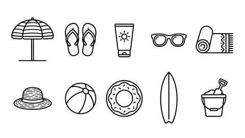 Beach vacation icons set in simple line art. Illustrazione stock