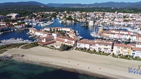 Beach vacation idyllic location, luxury yachts, French port, aerial Stock Footage 277563170