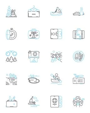 Beach vacation linear icons set. Sand, Waves, Sunscreen, Ocean, Seashells 스톡 일러스트
