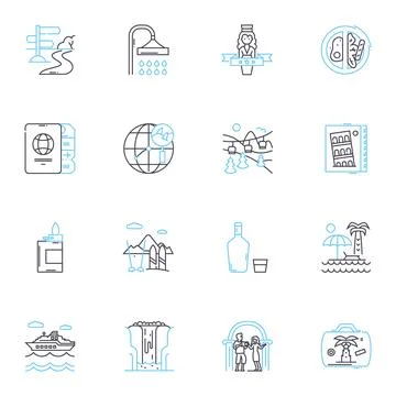 Beach vacation linear icons set. Sand, Waves, Sunscreen, Ocean, Seashells 스톡 일러스트
