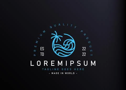 Beach vacation logo design. Vector illustration of ocean waves with coconut t Stock Illustration