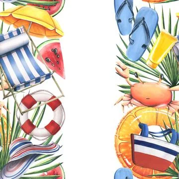 Beach vacation seamless template with inflatable toys, fruits, sun loungers Stock Illustration