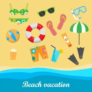 Beach Vacation Vector Concept in Flat Style Design Stock Illustration