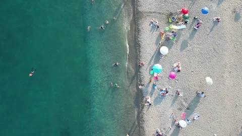 Beach with vacationers, view from a copter. Stock-Footage 255862150