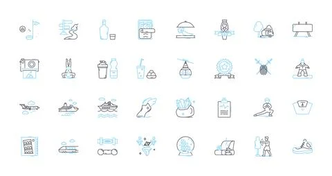 Beach vacations linear icons set. Sun, Sand, Waves, Surfing, Kayaking Ilustración de archivo