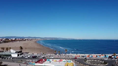Beach of Valencia, one of the largest in Spain. Aerial view, 2,7K Stock Footage 147491985